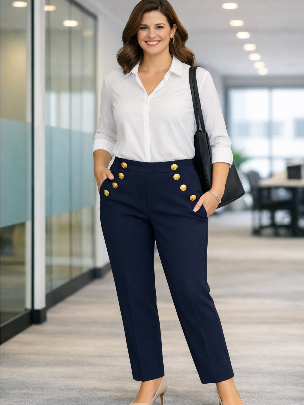 White House Black Market Navy Sailor Pants | Size 16| Diagonal Gold Buttons